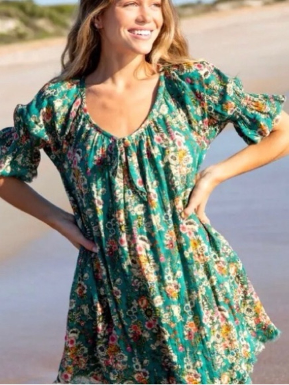 Natural Life Teal Floral Boho Peasant Dress